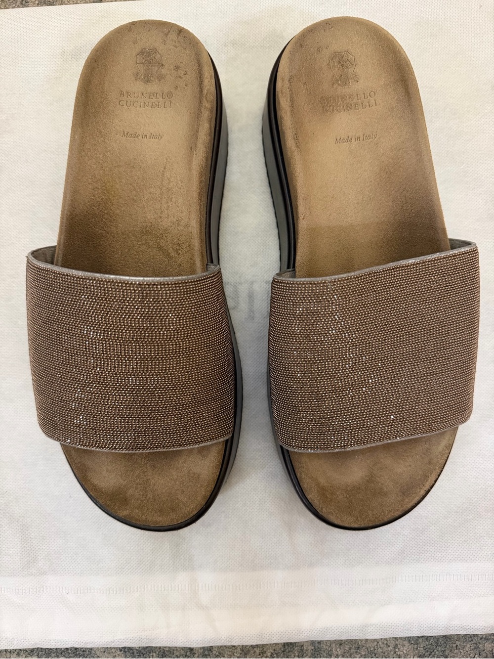 Brunello Cucinelli Taupe/Bronze Beaded Slide Sandals
